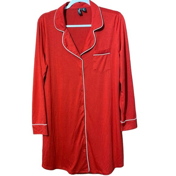 Cynthia Rowley Notch Collar Nightshirt Long Sleeve Red With White Trim Women's M - Picture 4 of 16